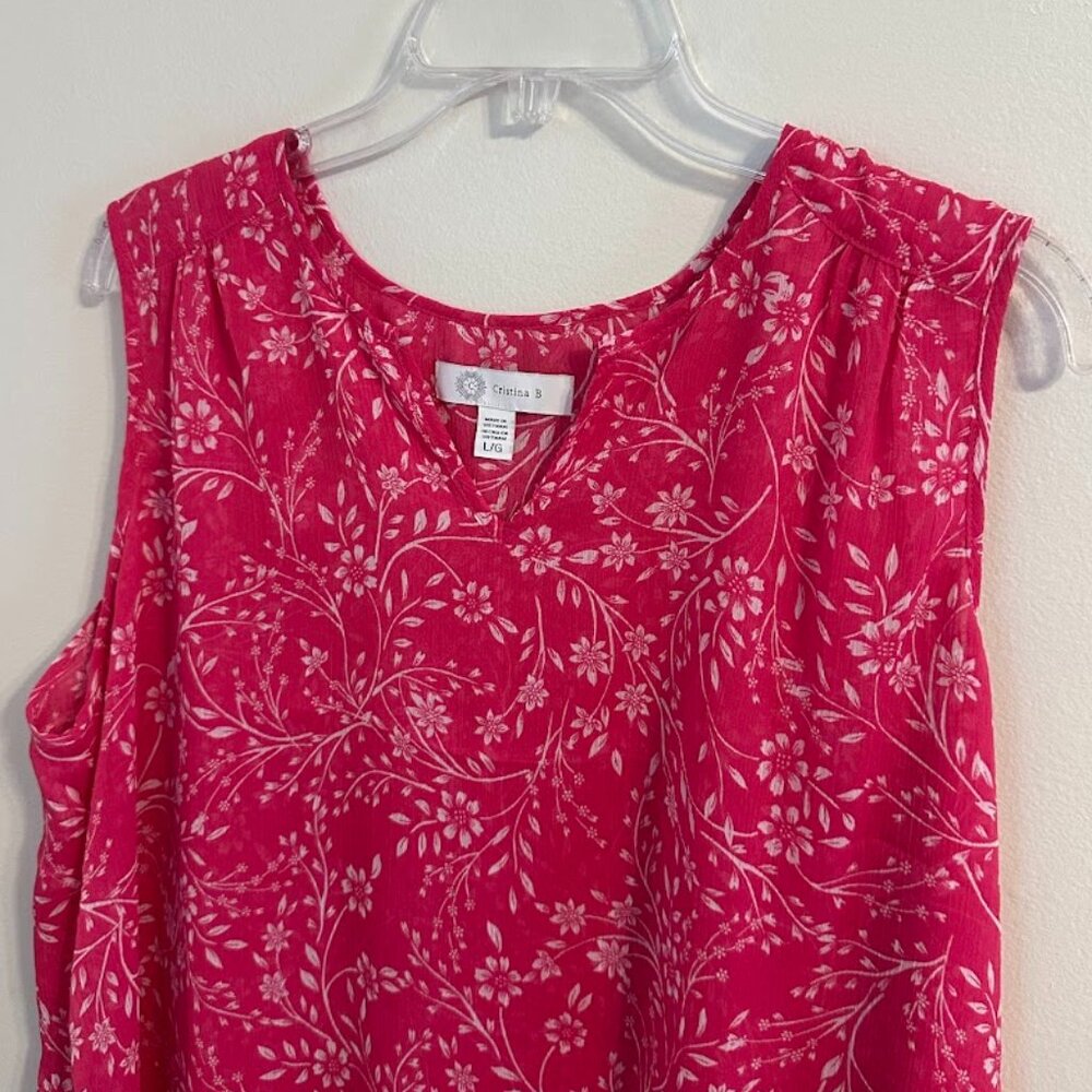 Cristina B Sleeveless V-Neck Floral Blouse / Tank Pink & White Size Large